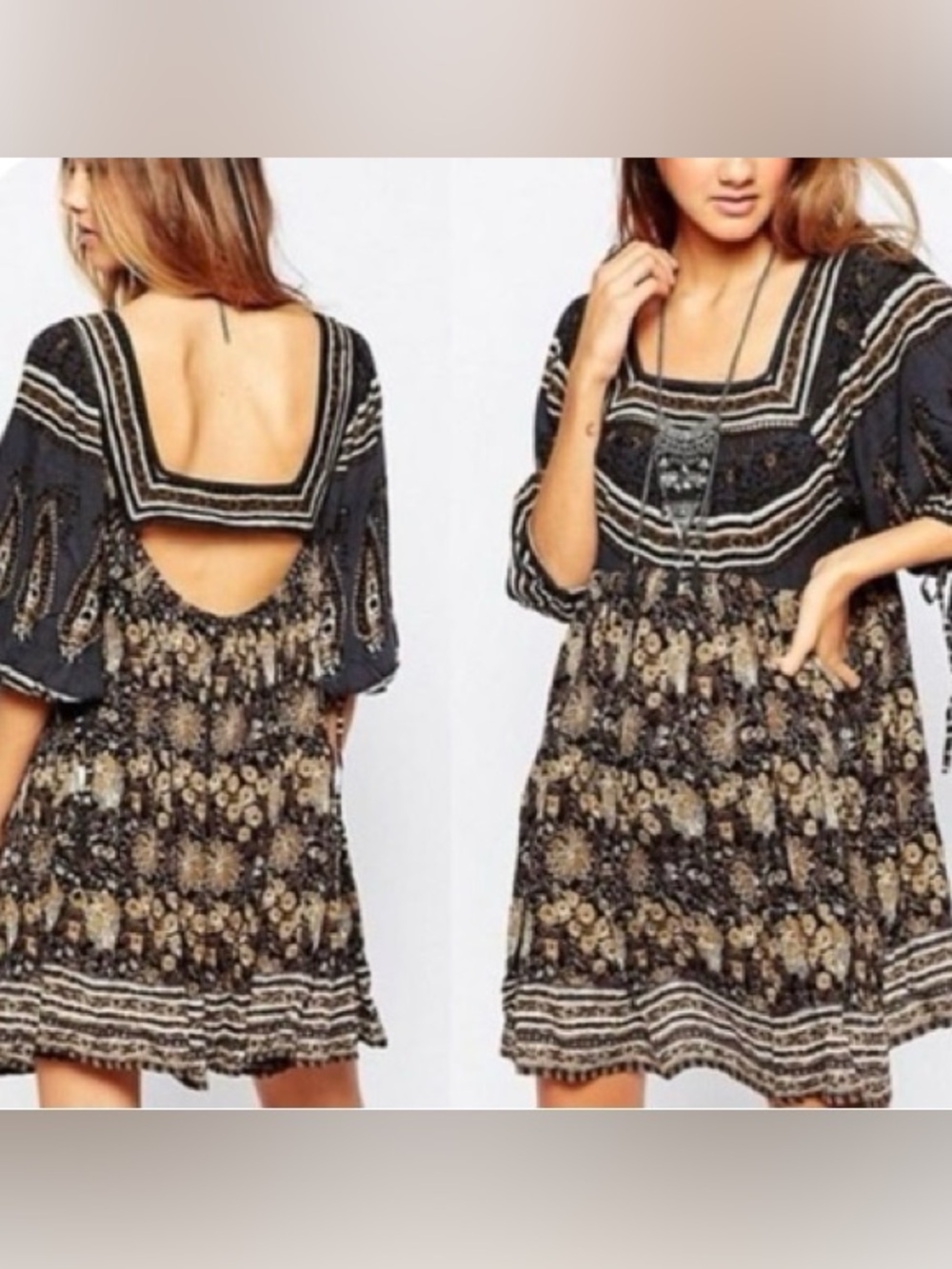 Free People Black & Gold Boho Open-Back Mini Dress
